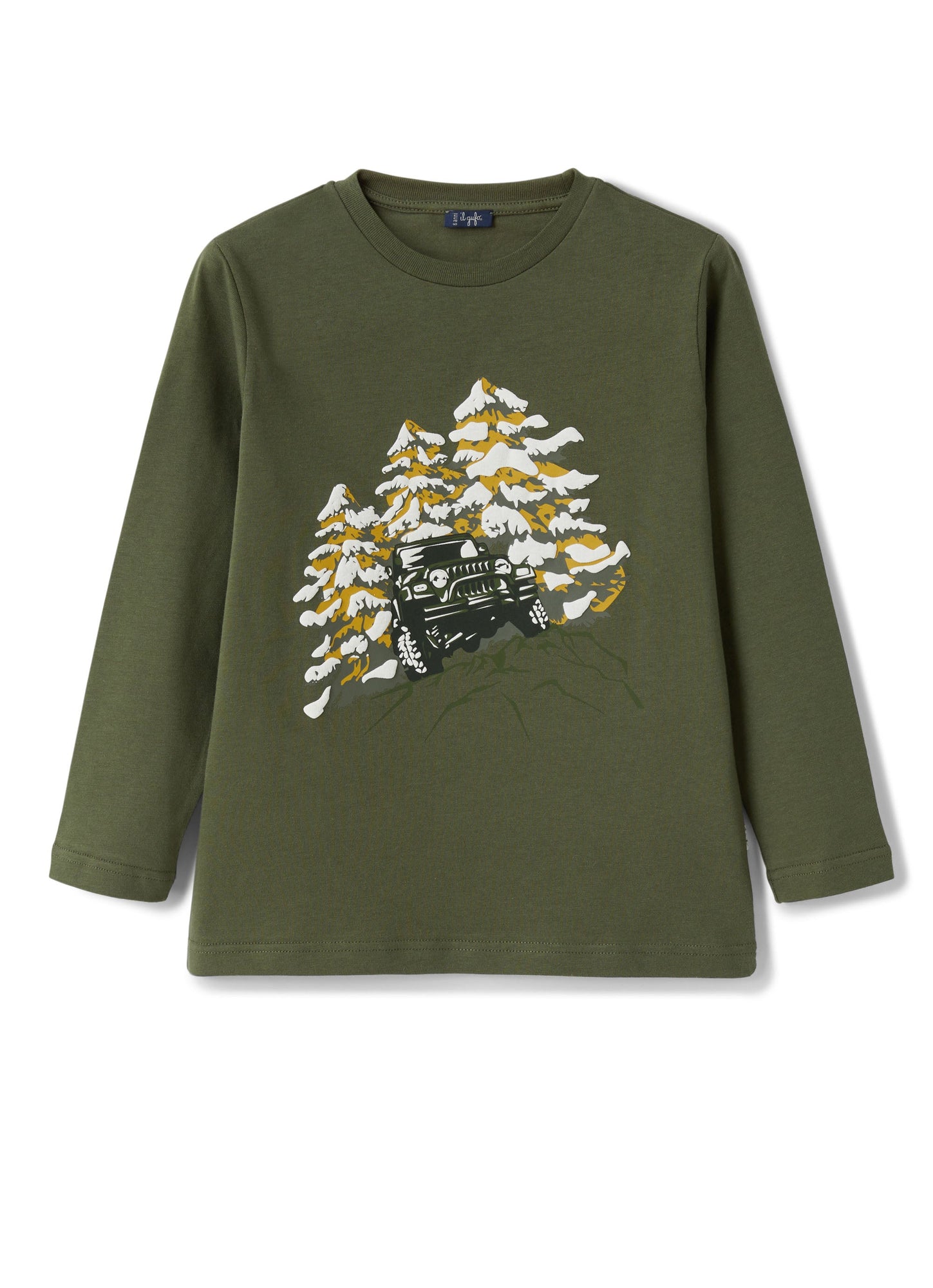 Boys | Gren Cotton T-Shirt with Jeep Print | Abete Silver Militare