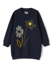Girls | Dress with Applied Flowers | Blue Scuro Green Blue