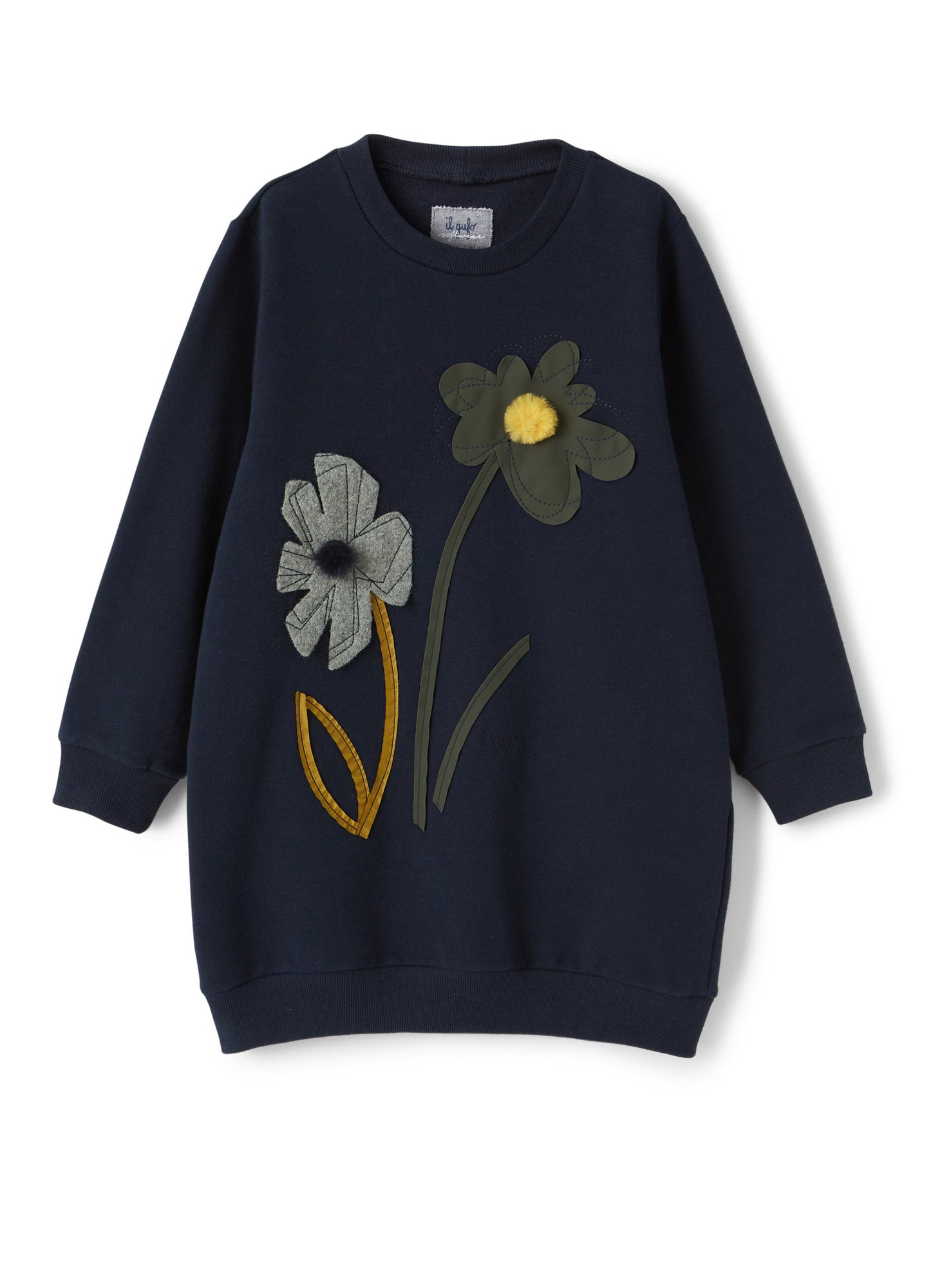 Girls | Dress with Applied Flowers | Blue Scuro Green Blue