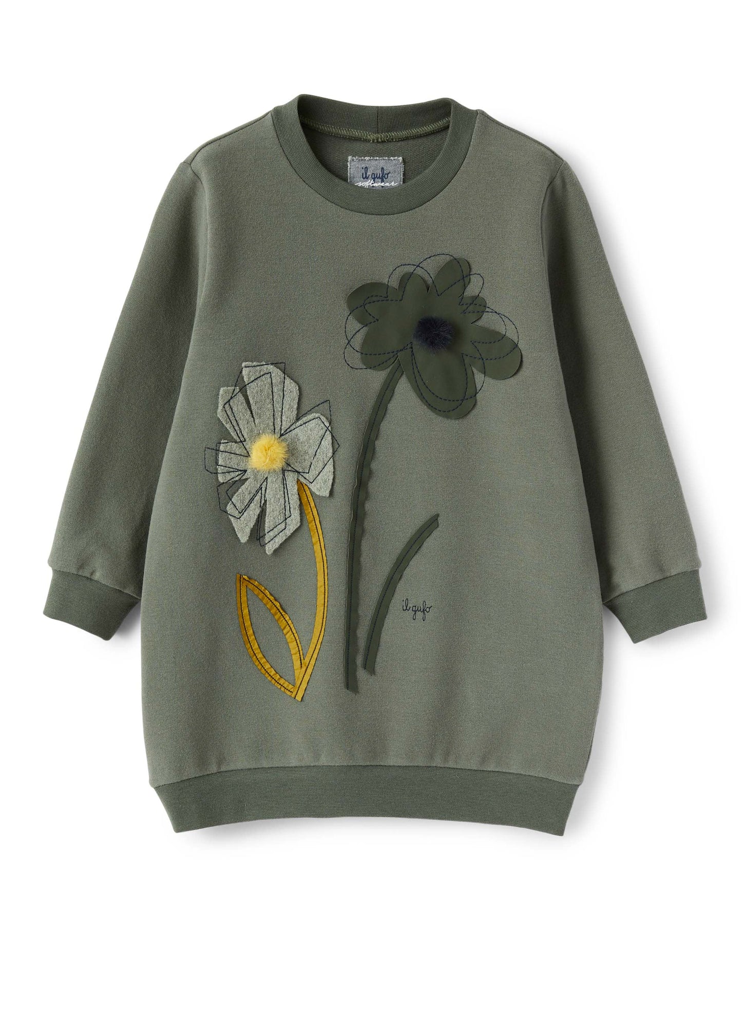 Girls | Dress with Applied Flowers | Oregano Green Green