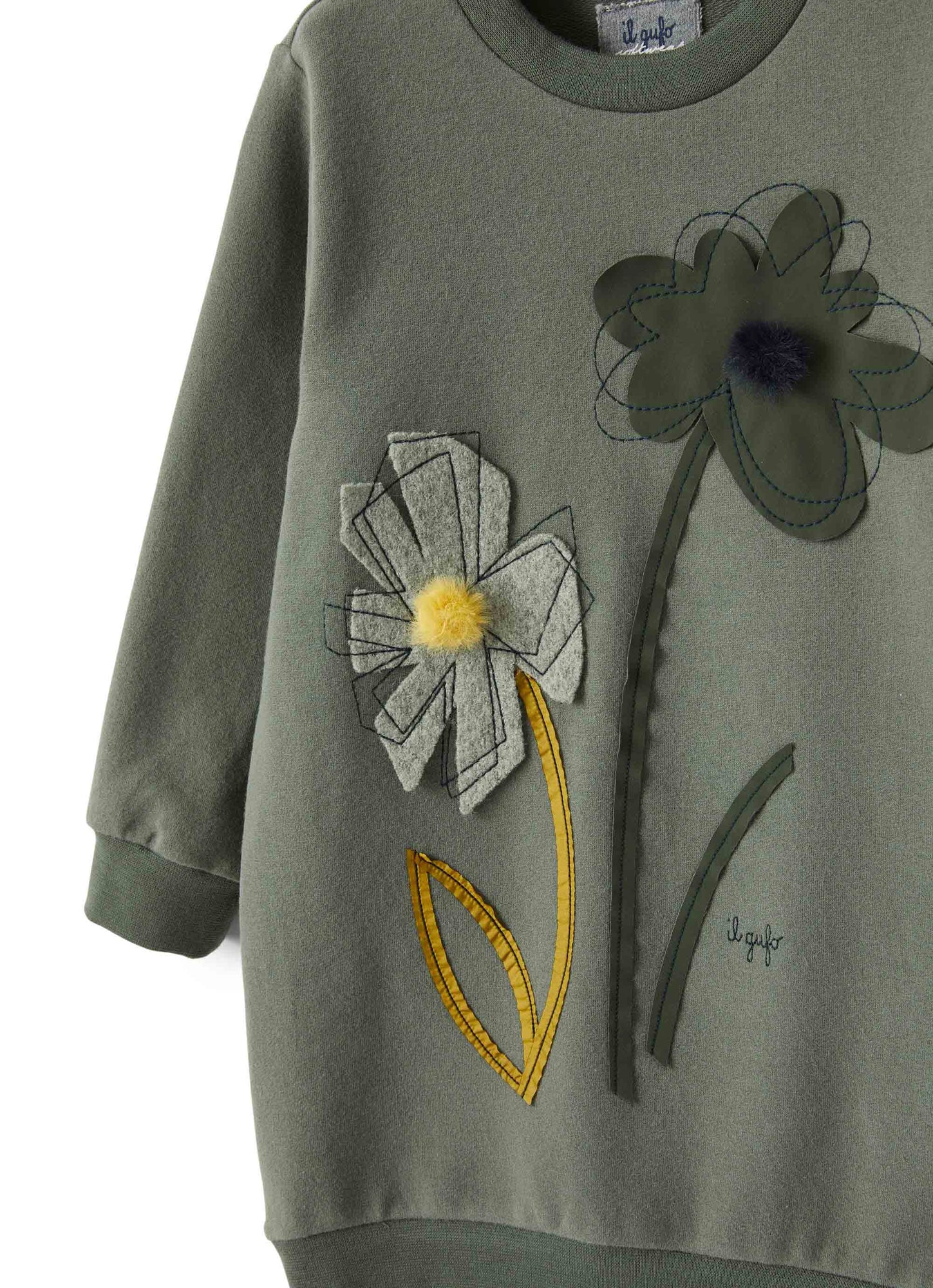 Girls | Dress with Applied Flowers | Oregano Green Green