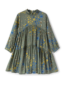 Girls | Flounced Dress with Floral Print | Green Corteccia
