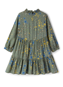 Girls | Flounced Dress with Floral Print | Green Corteccia