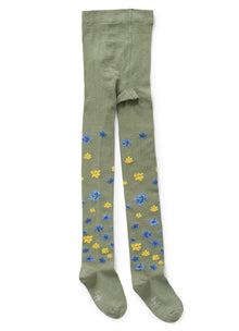 Girls | Cotton Tights with Flower | Green Corteccia