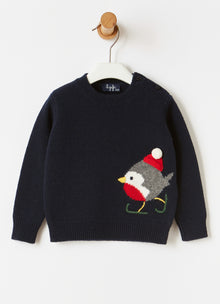 Christmas Robin Wool Sweater | Blue/Red Wine