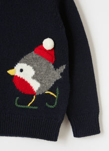 Christmas Robin Wool Sweater | Blue/Red Wine