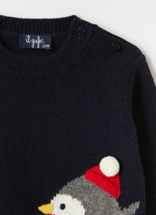 Christmas Robin Wool Sweater | Blue/Red Wine