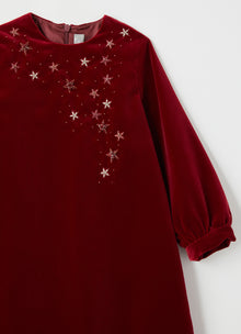 Star Embroidery Velvet Dress | Burgundy