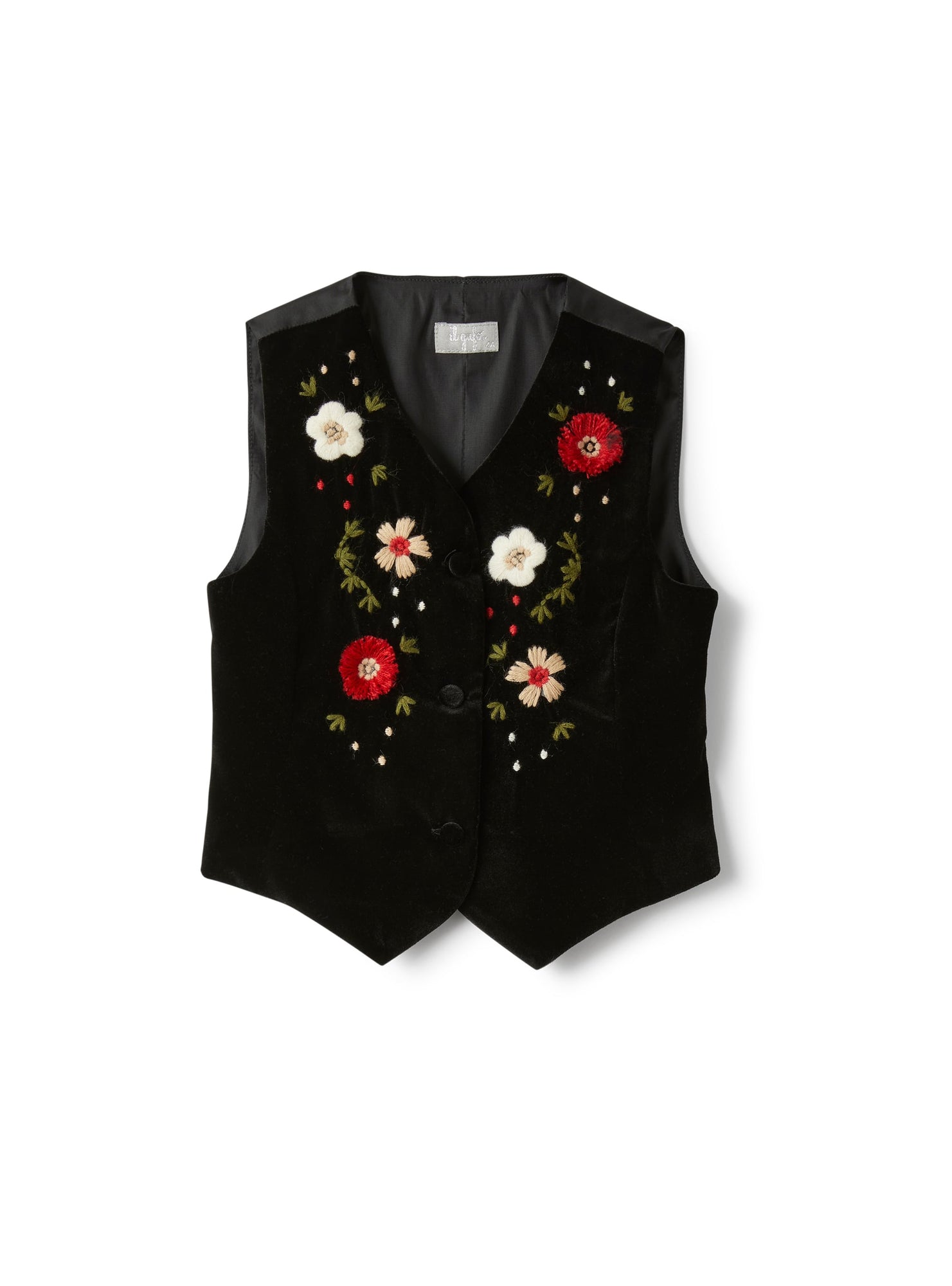 Girls | Velvet Gilet with Embroidered Flowers | Black Red