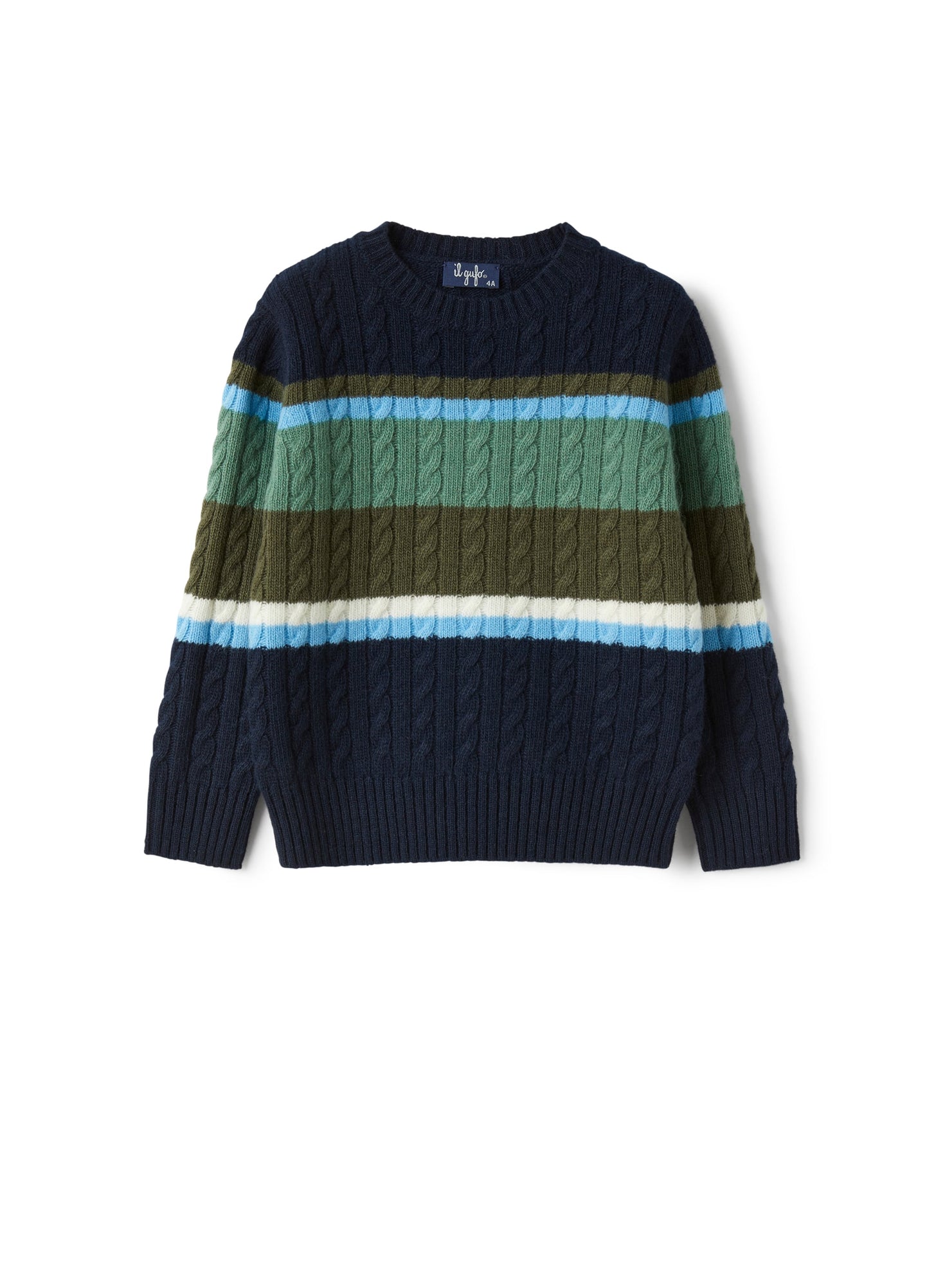 Cable-Knit Merino Sweater with Multi-Colored Stripes | Blue/Sage Green