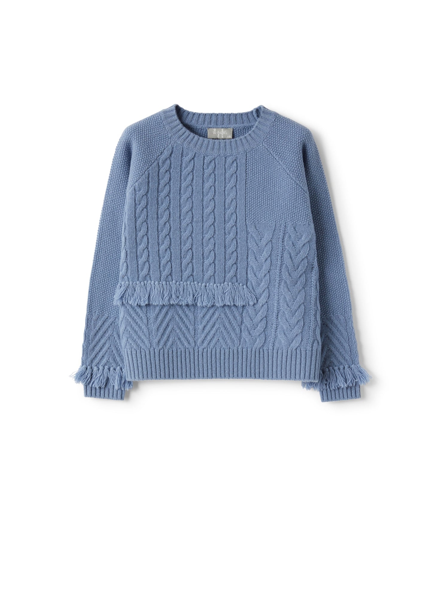 Girls | Round-Neck Sweater with Cable Patterning and Fringed Details | Mirtillo