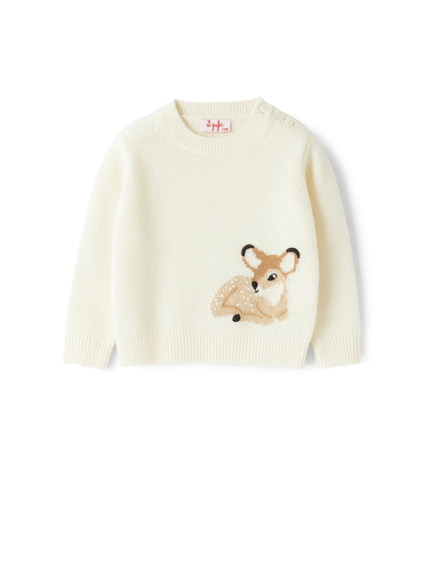 Baby Girls | Round-Neck Sweater with An Embroidered Fawn | Milk Betulla