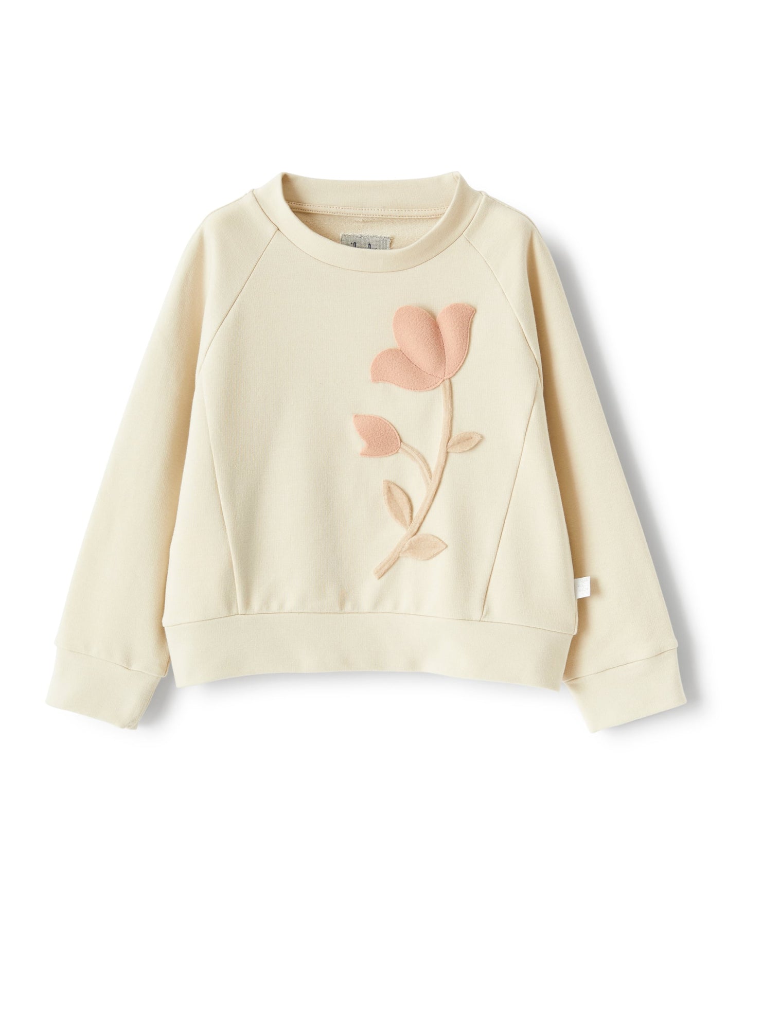 Round-Neck Sweatshirt with Flower Detail | Sesamo/Rosa Cipria