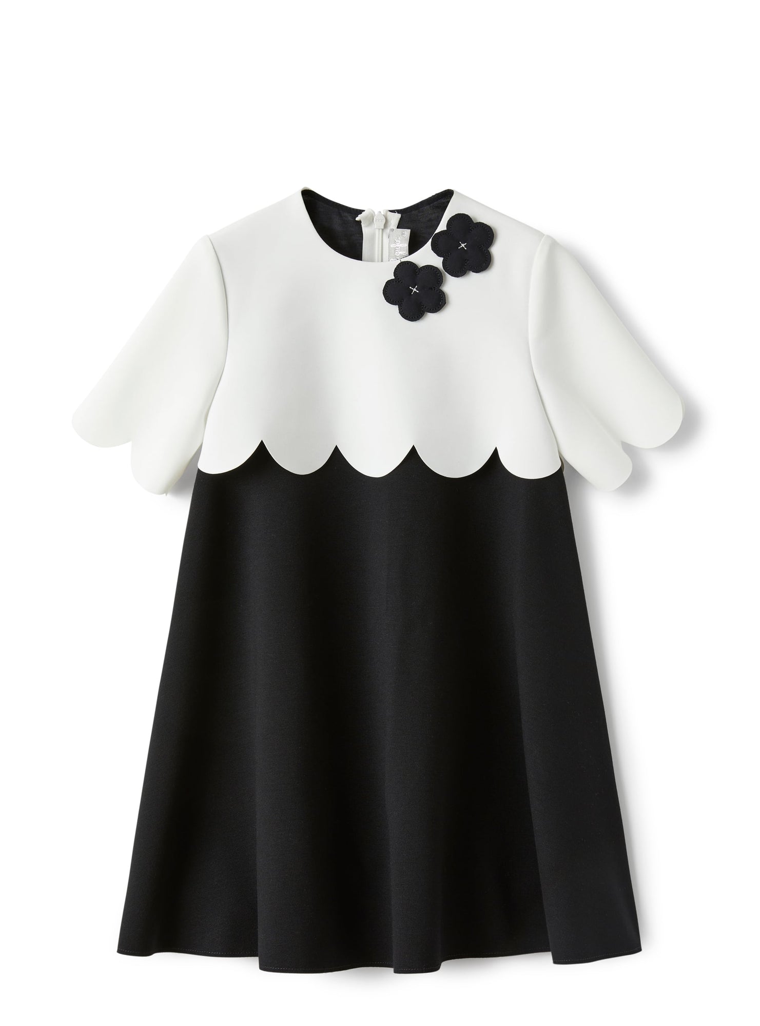 Girls | Dress in Two Different Materials with Flower Embellishment | Milk/Black
