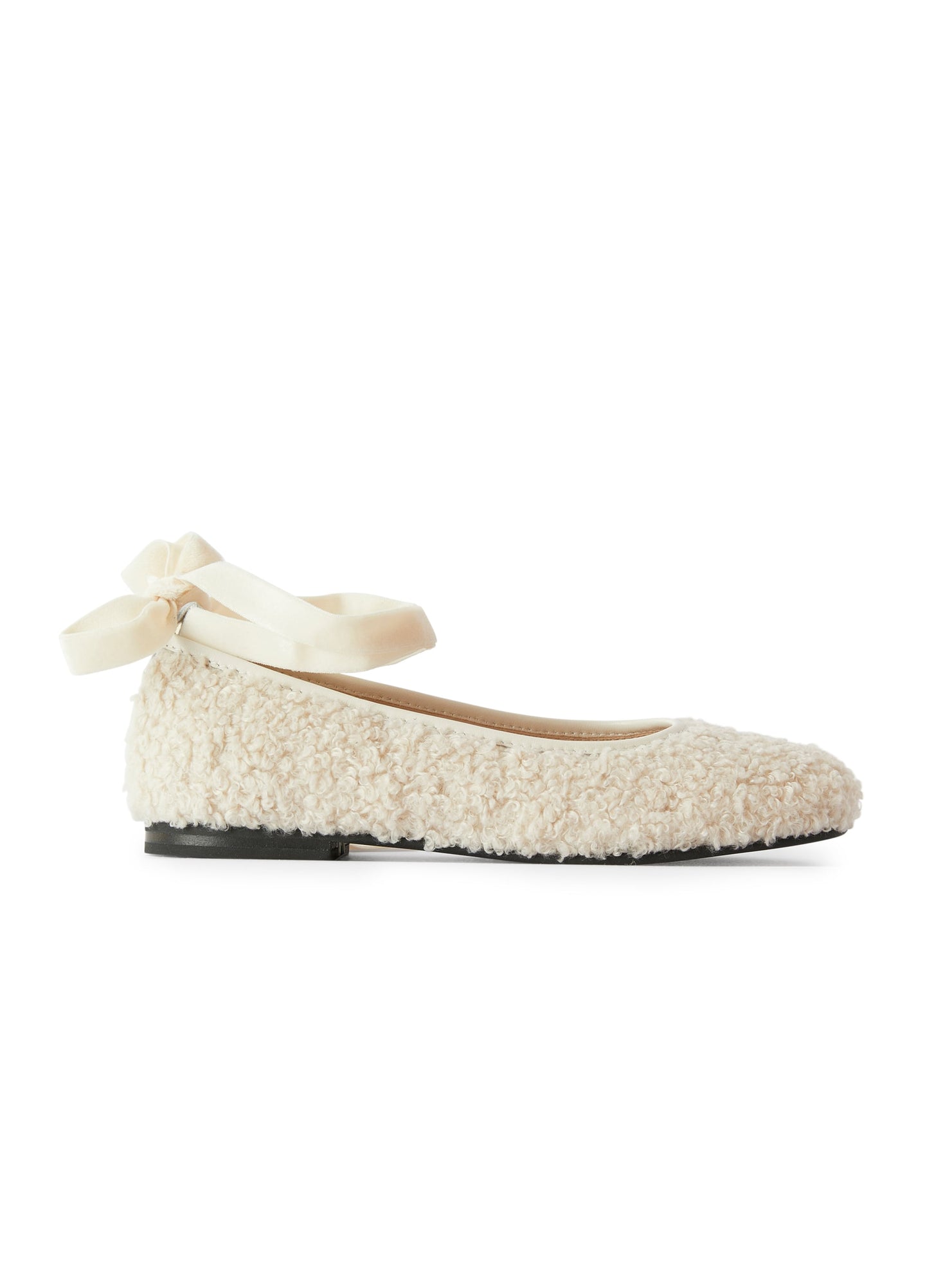 Ballet Flat in Teddy Fleece with Ribbon Ties | Natural