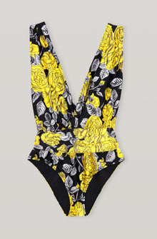 Floral V-Neck Swimsuit | Black/Yellow