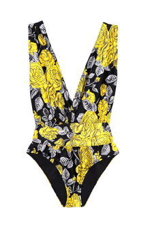 Floral V-Neck Swimsuit | Black/Yellow