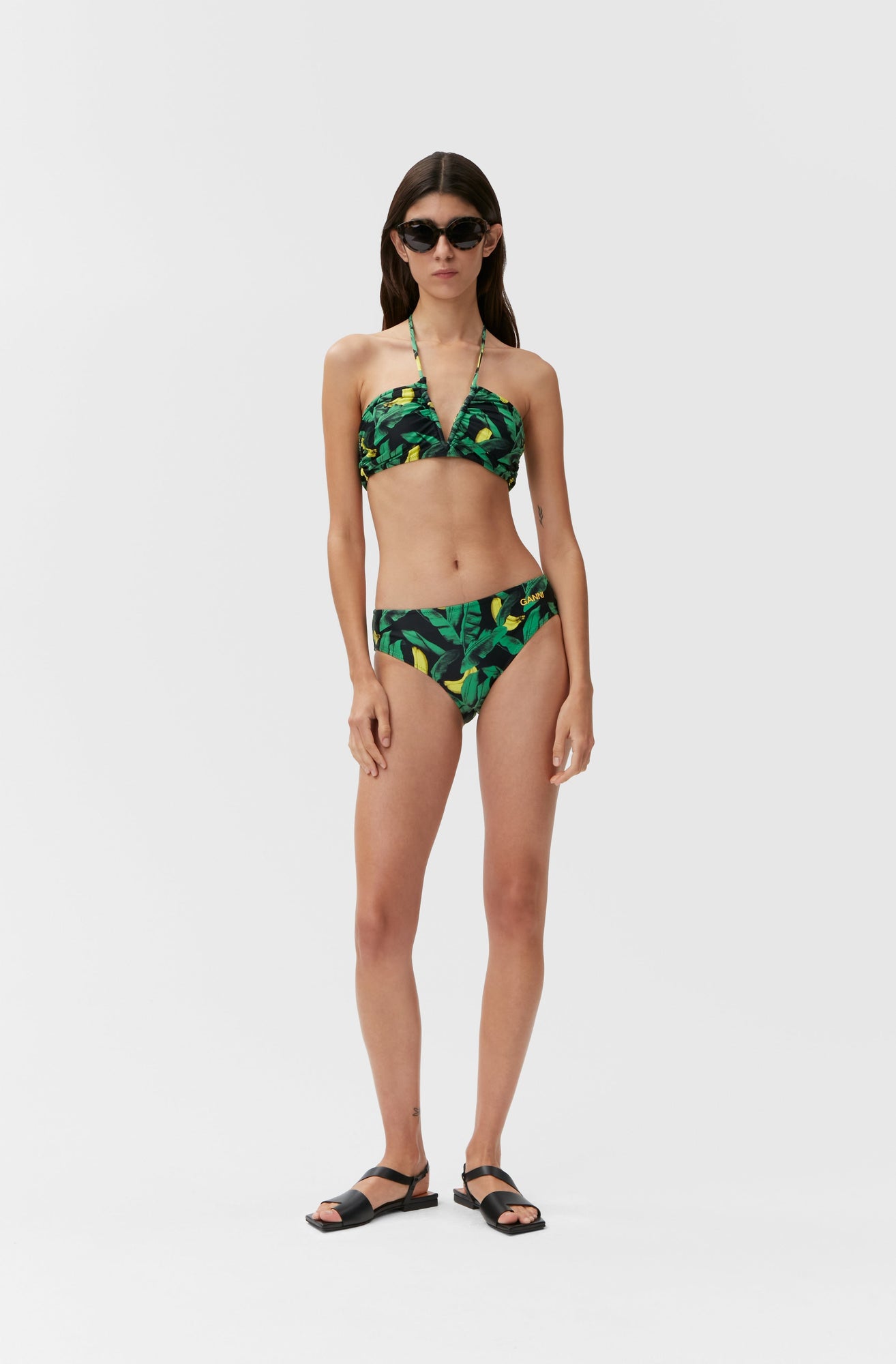 Recycled Printed V-string Bikini Top | Banana Tree Black