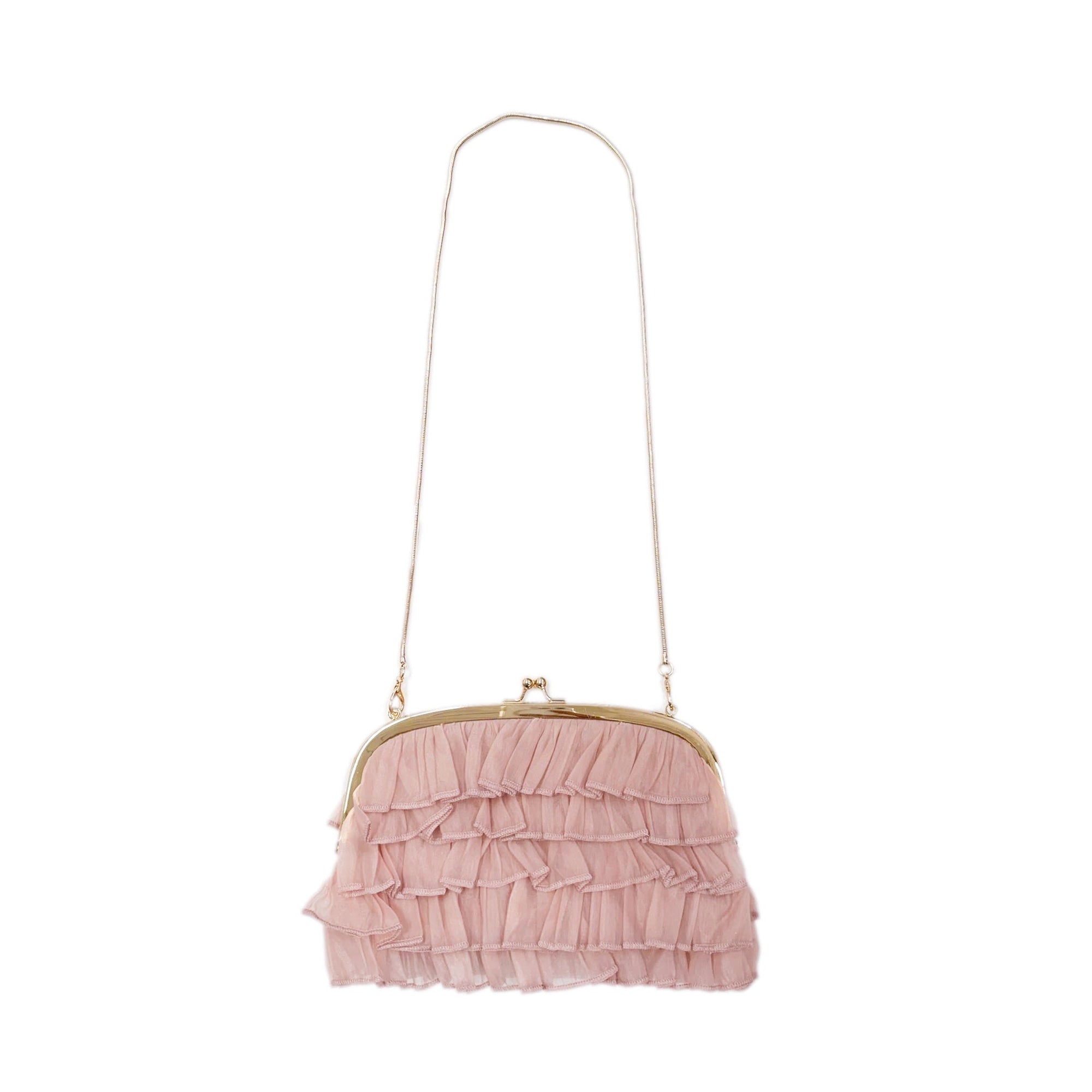 Dusty pink organza ruffle handbag with layered chiffon ruffles, gold frame closure, and a delicate gold chain strap