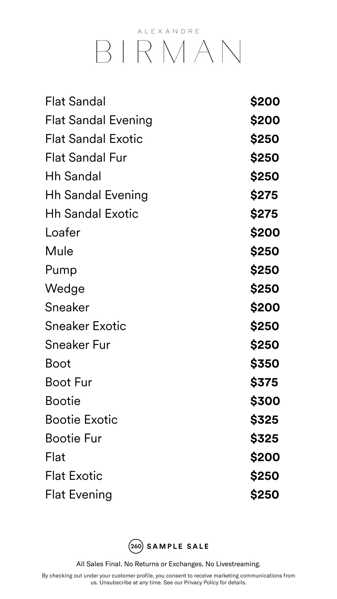 Price table