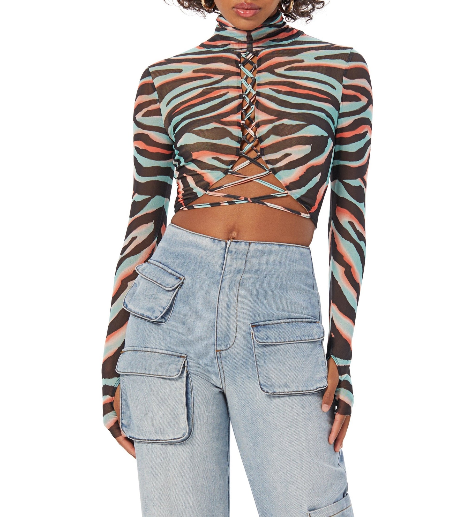 Lela Mesh Crop Top | Teal Zebra Placement