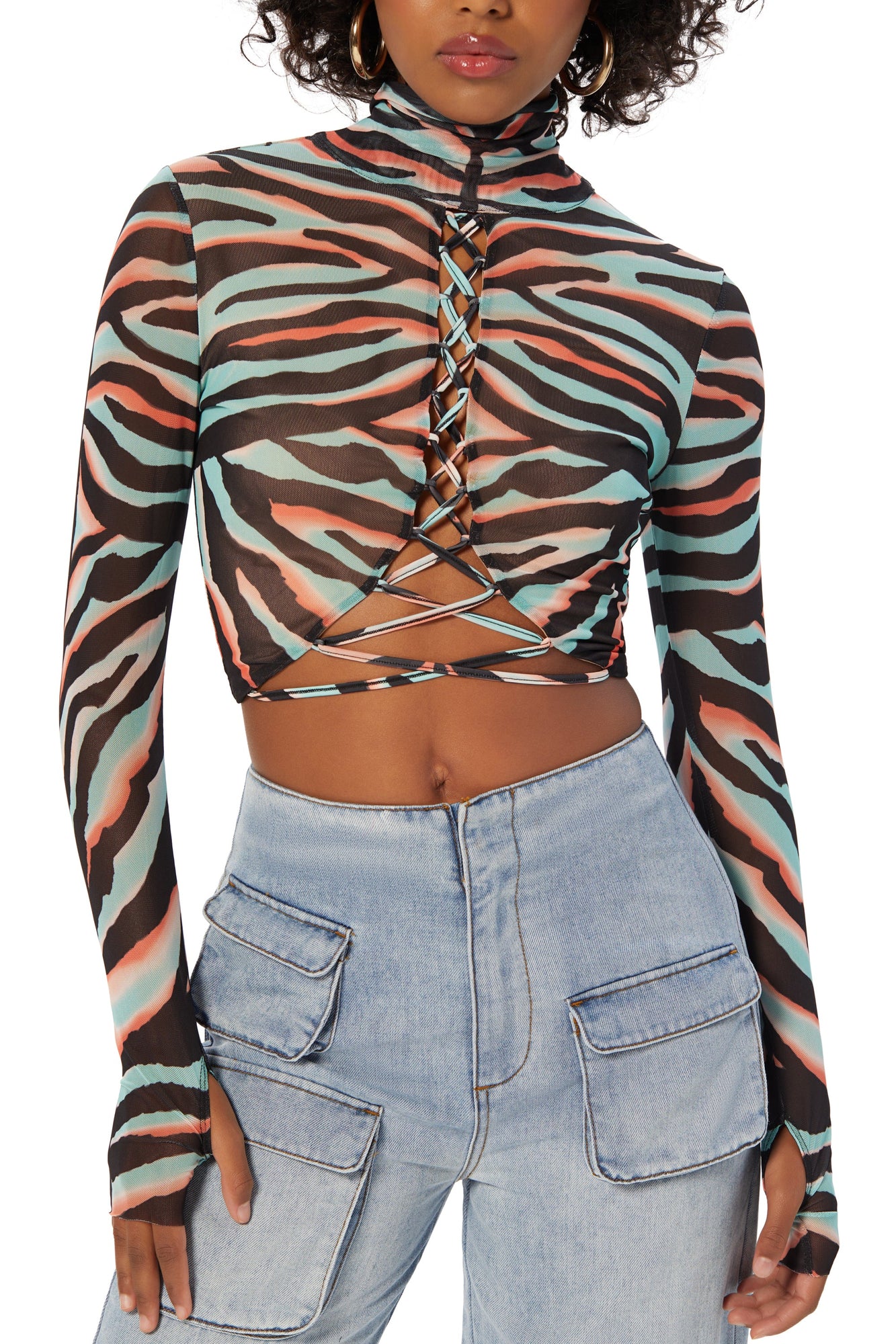 Lela Mesh Crop Top | Teal Zebra Placement