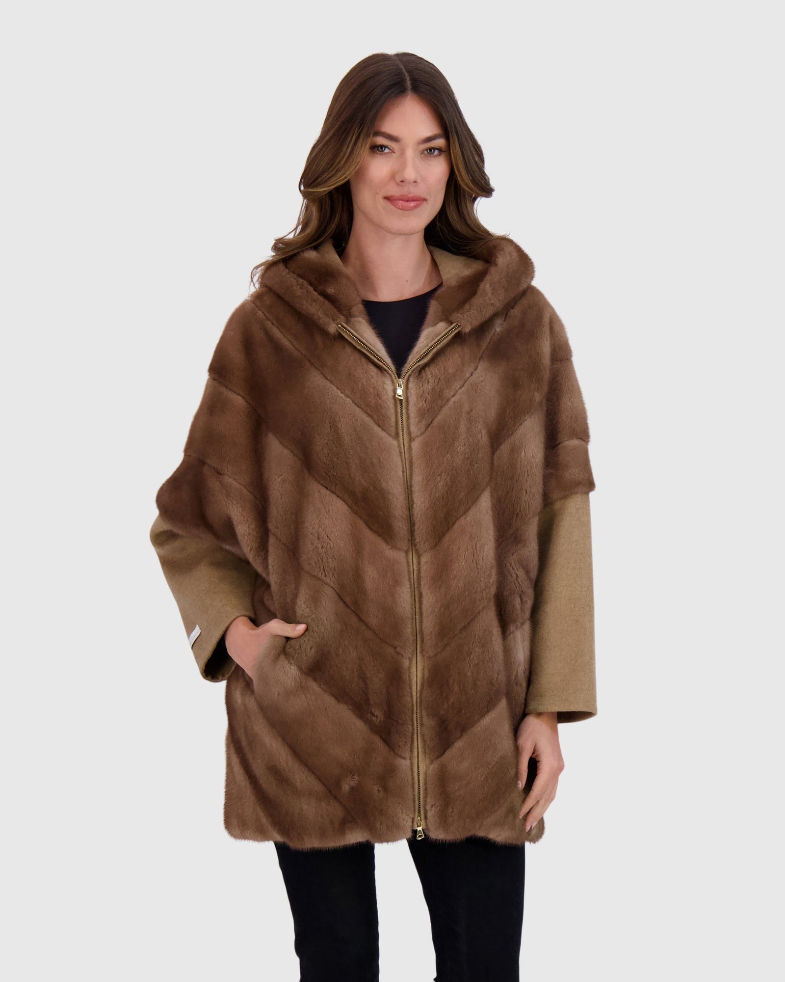 Chevron Mink Parka With Cashmere Sleeves | Pastel