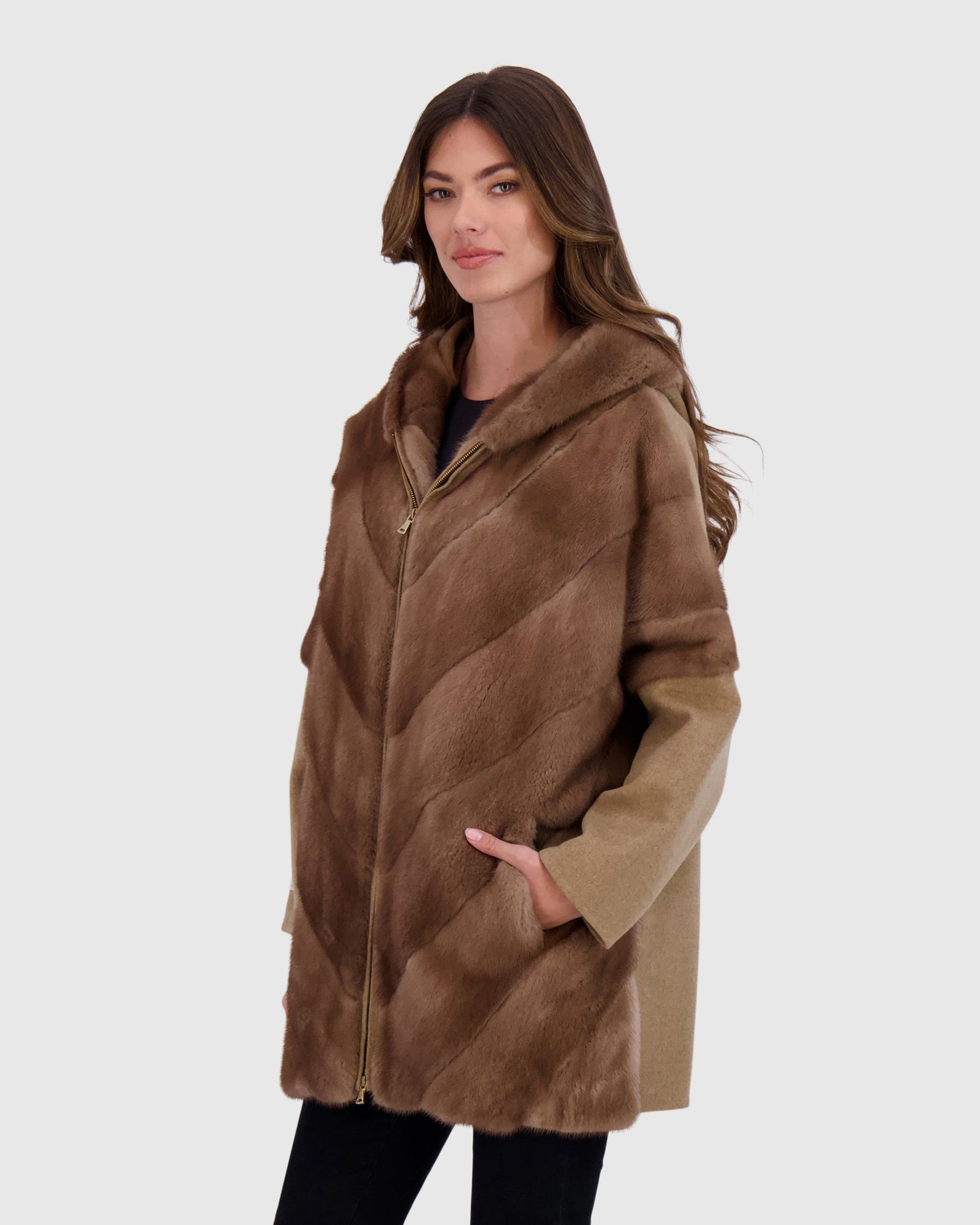 Chevron Mink Parka With Cashmere Sleeves | Pastel