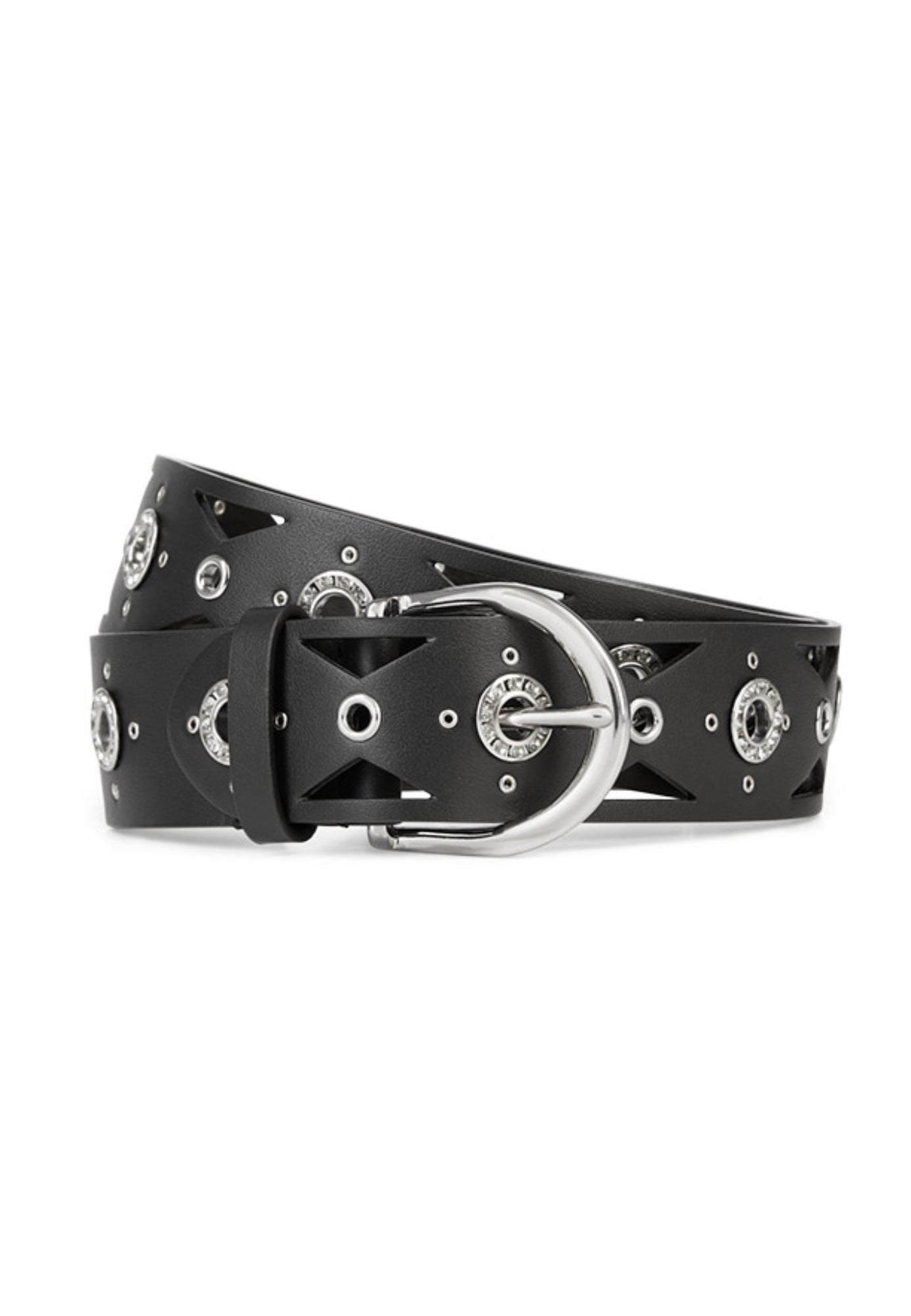 Leather Belt With Cutouts And Rhinestone Eyelets | Women | Black