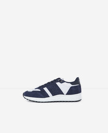 Leather Mesh Blue And White Retro Trainers | Women | Beige x Navy