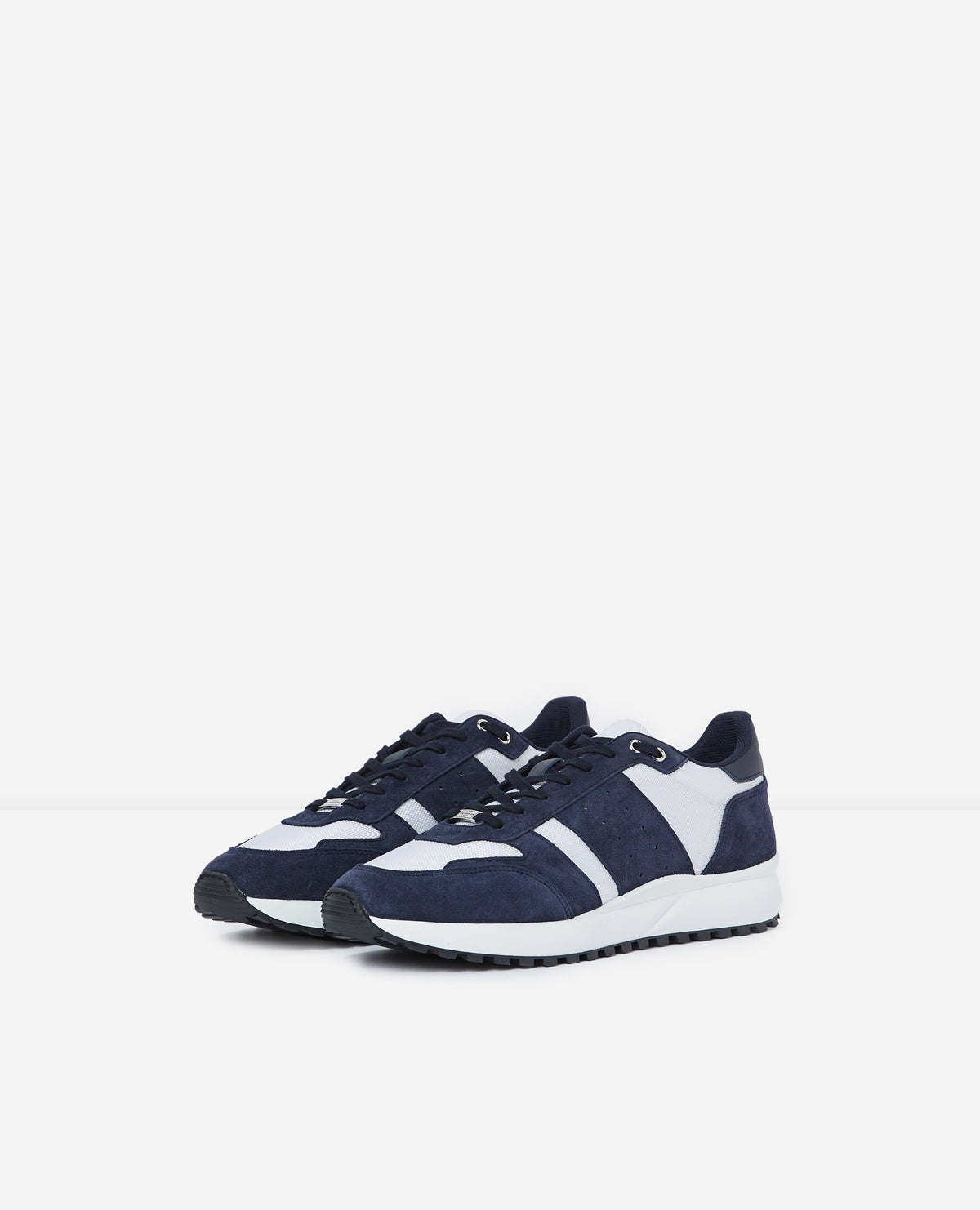 Leather Mesh Blue And White Retro Trainers | Women | Beige x Navy