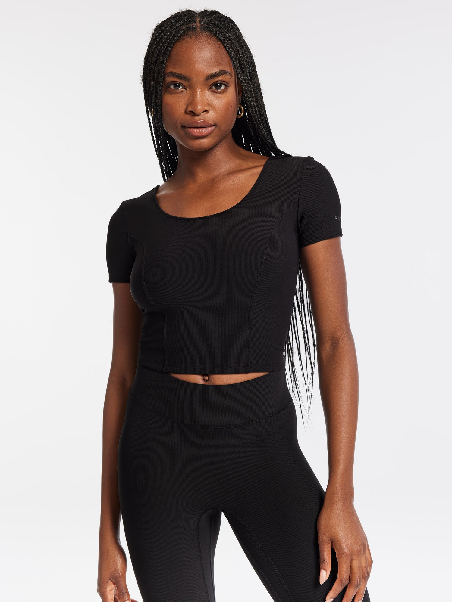 Bandier | Rib Crop Short Sleeve Top | Black Rib