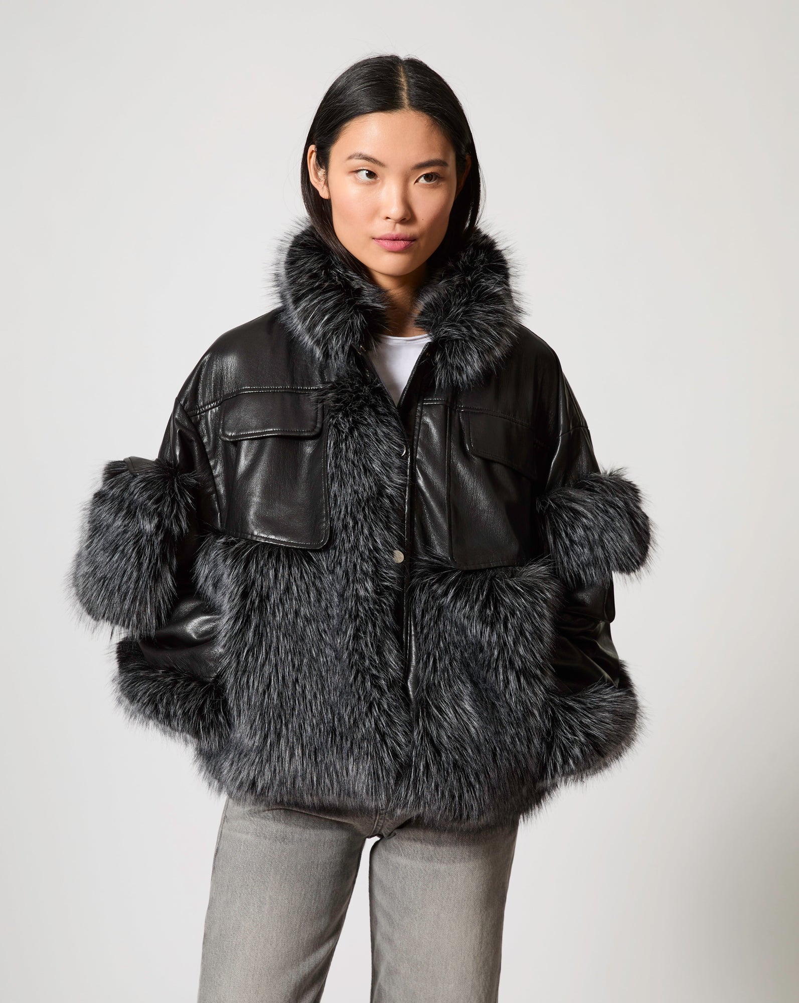 Adrienne Landau | Fox Faux Fur & Faux Leather Oversized Jacket