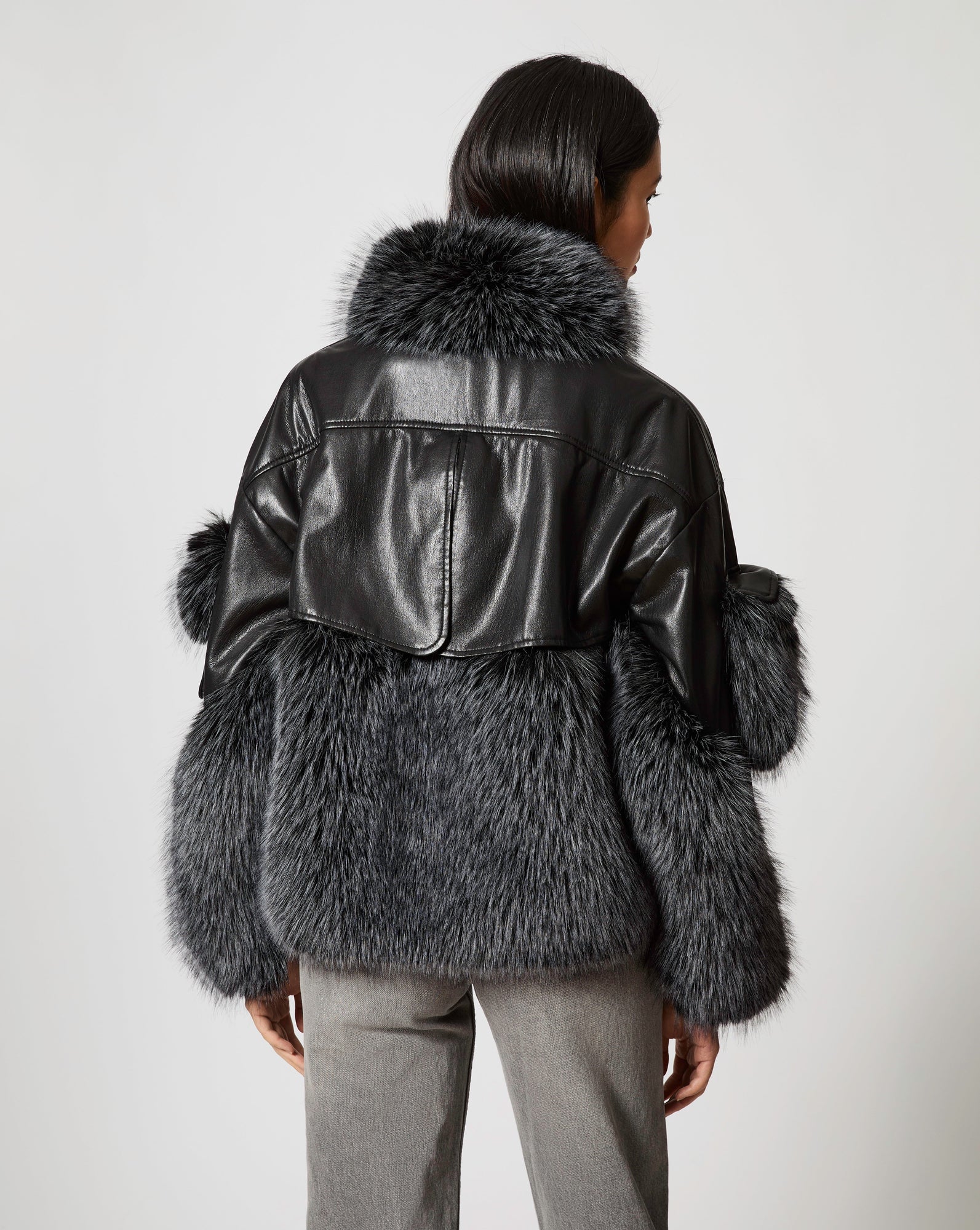 Adrienne Landau | Fox Faux Fur & Faux Leather Oversized Jacket