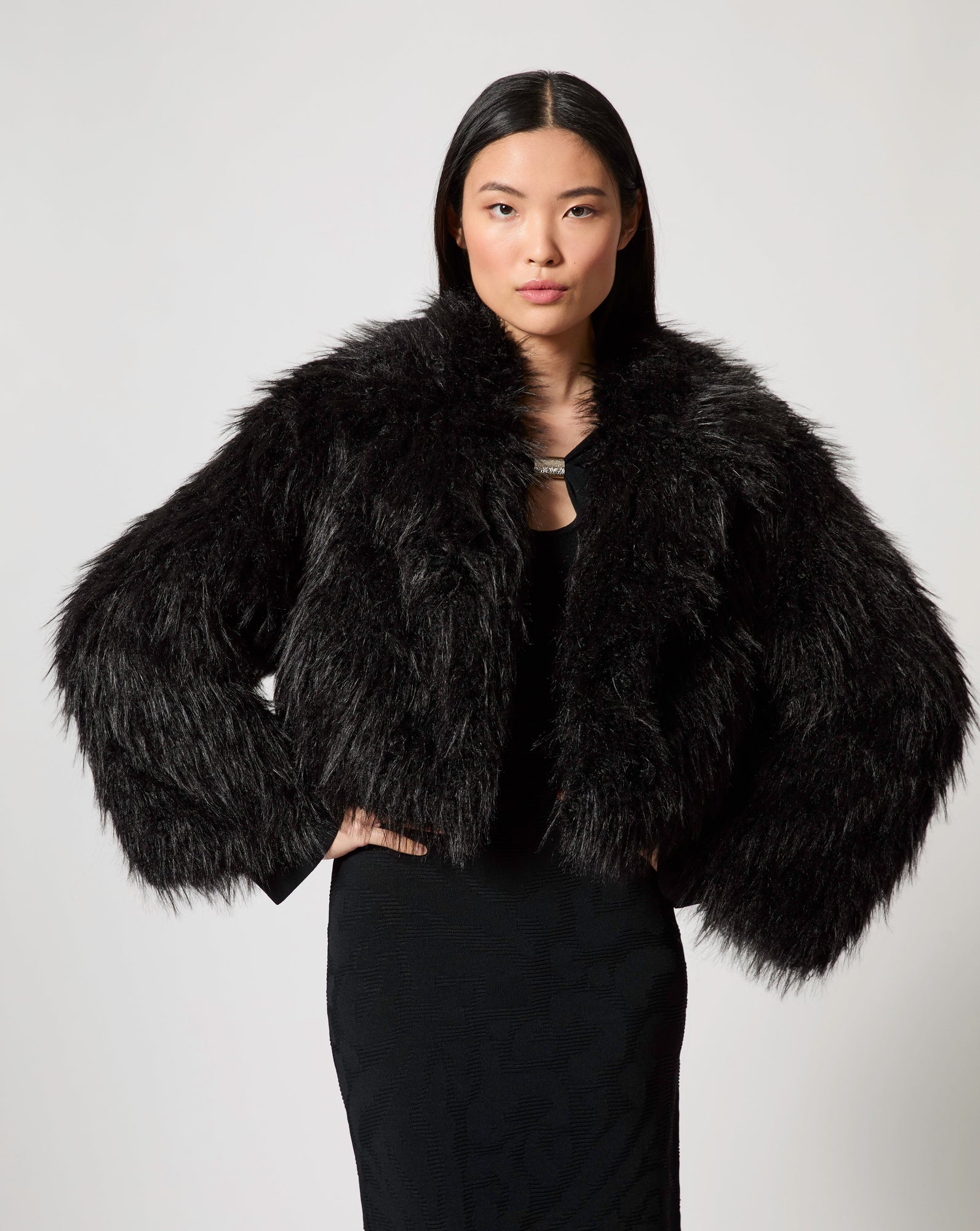 Adrienne Landau | Shaggy Cropped Mongolian Faux Fur Jacket | Onyx