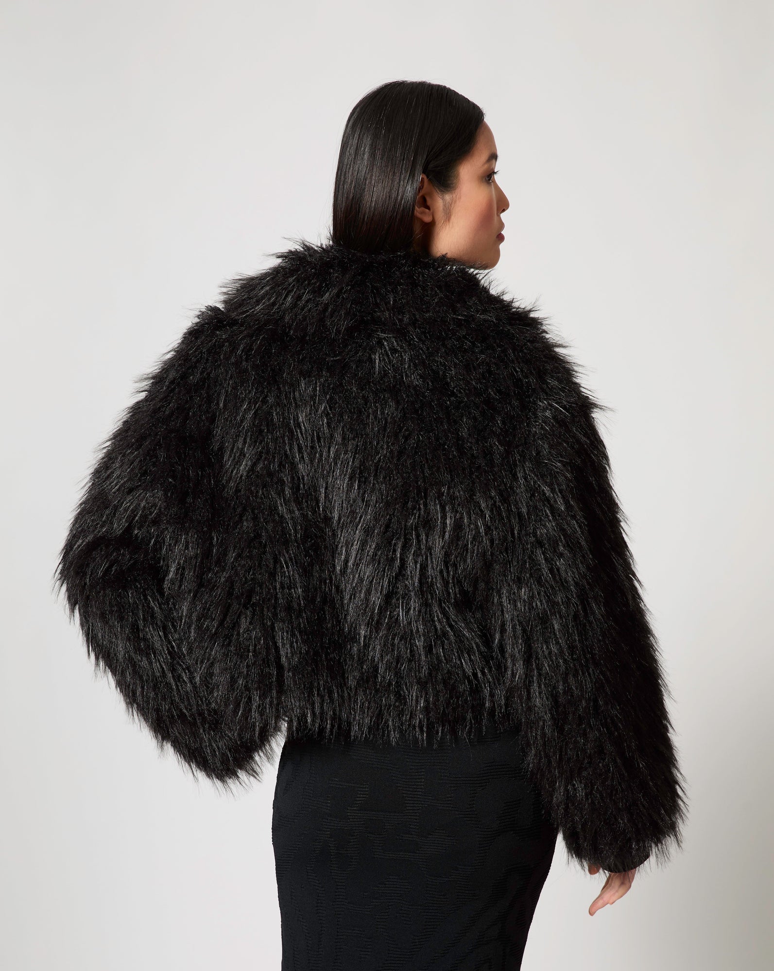 Adrienne Landau | Shaggy Cropped Mongolian Faux Fur Jacket | Onyx