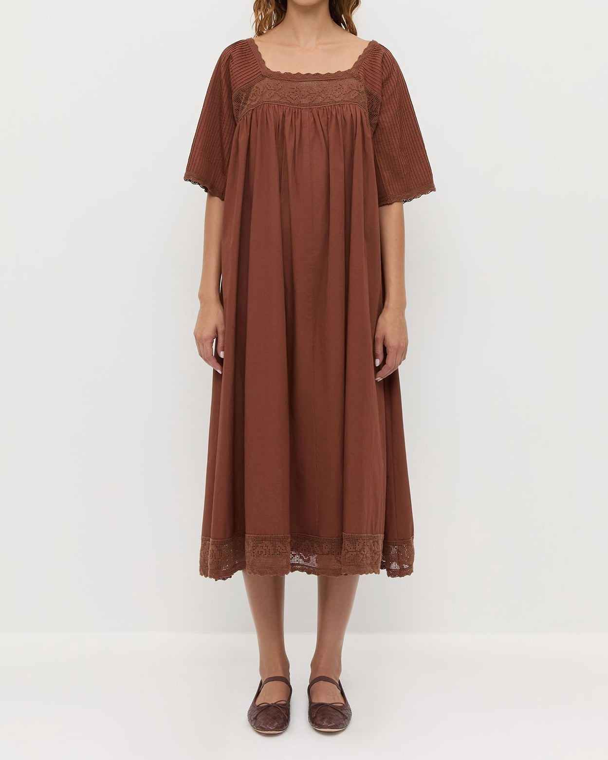 Althea Dress in chestnut brown cotton and Leonie Espresso Woven Leather Ballet Flat.