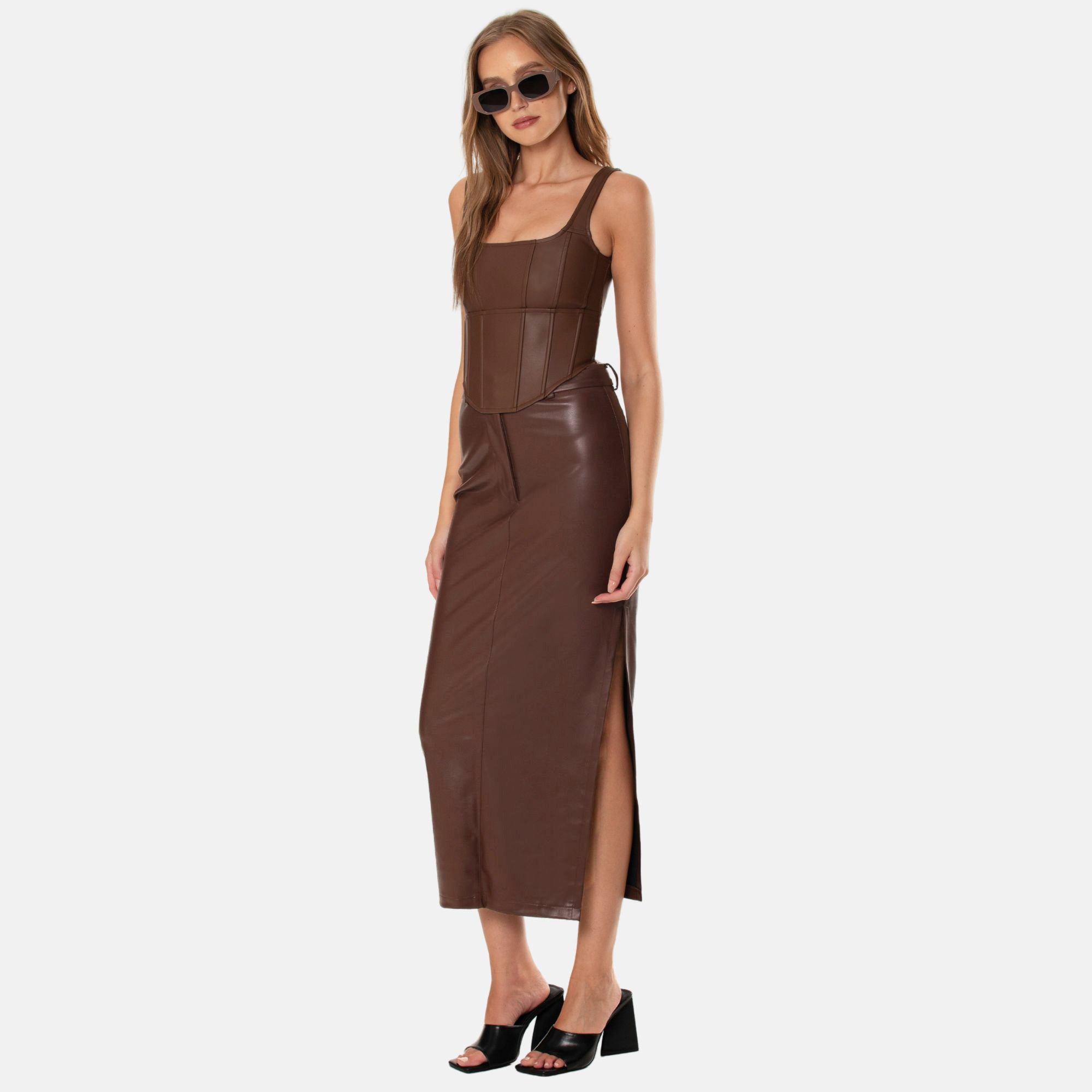 OW Collection Amara Faux Leather Skirt | Cappuccino