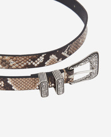 Thin Snakeskin-Effect Leather Belt With Western-Style Buckle | Women | Beige x Brown