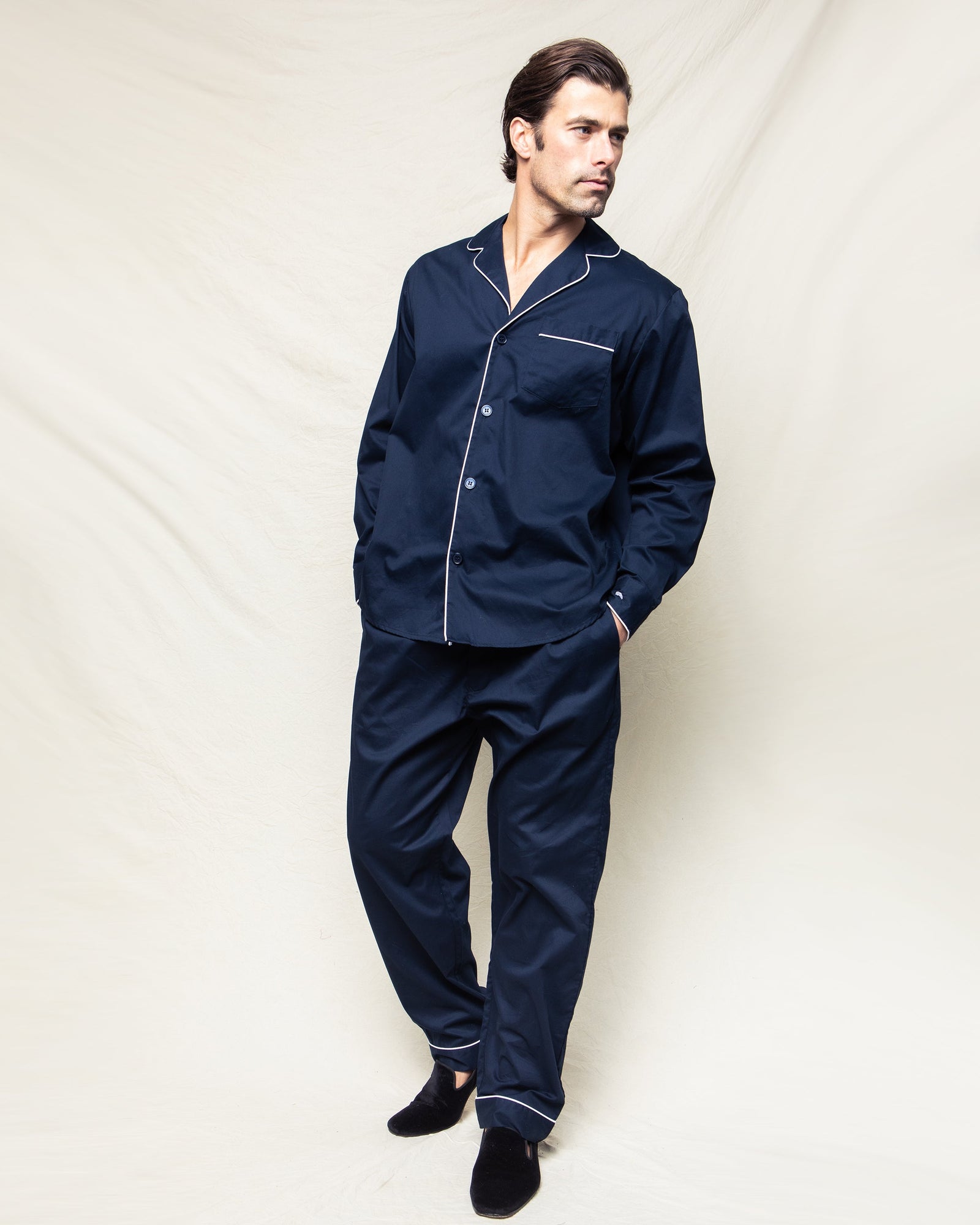 Mens | Twill Pajamas | Navy with White Piping