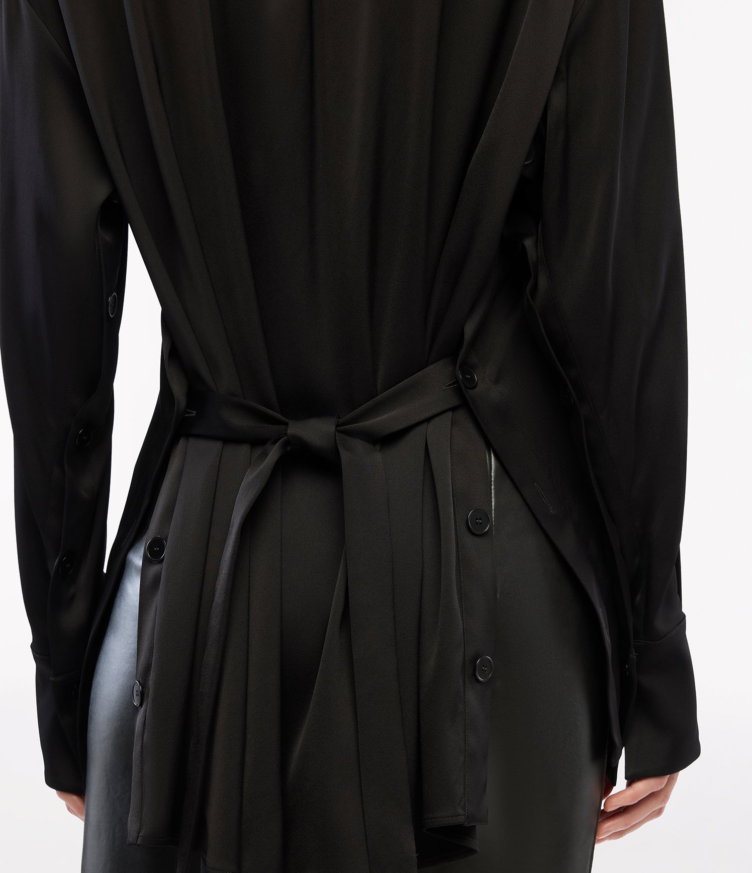 Another Tomorrow Bias Button Side Shirt in Black – Satin Women's Top