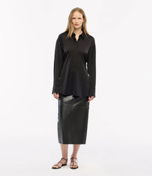 Another Tomorrow Bias Button Side Shirt in Black – Satin Women's Top