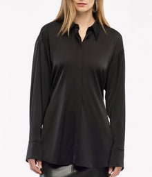 Another Tomorrow Bias Button Side Shirt in Black – Satin Women's Top