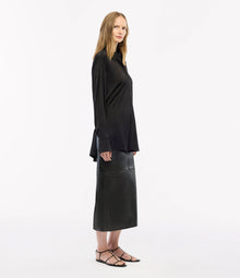 Another Tomorrow Bias Button Side Shirt in Black – Satin Women's Top
