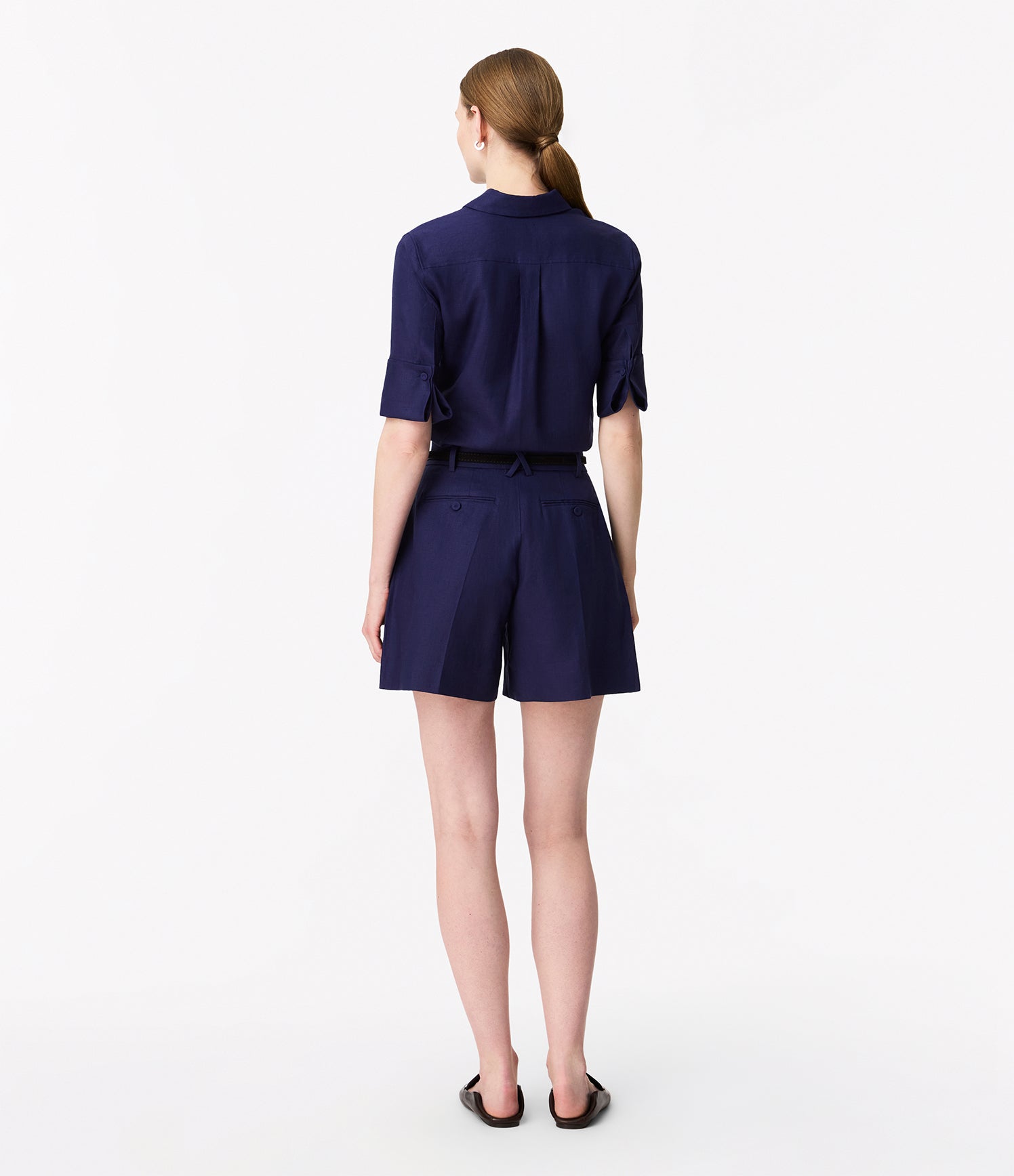 Another Tomorrow Linen Pleated Short in Indigo – Linen Women's Trousers