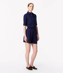 Another Tomorrow Linen Pleated Short in Indigo – Linen Women's Trousers