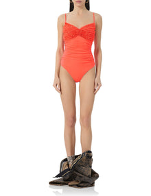 women's bodysuit with micro ruffles on bust in fiery coral