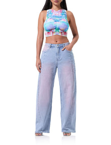 women's denim with a barrel shape in a blue pink wash