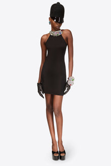 Crystal Gemstone Cluster Halter Mini Dress | Black