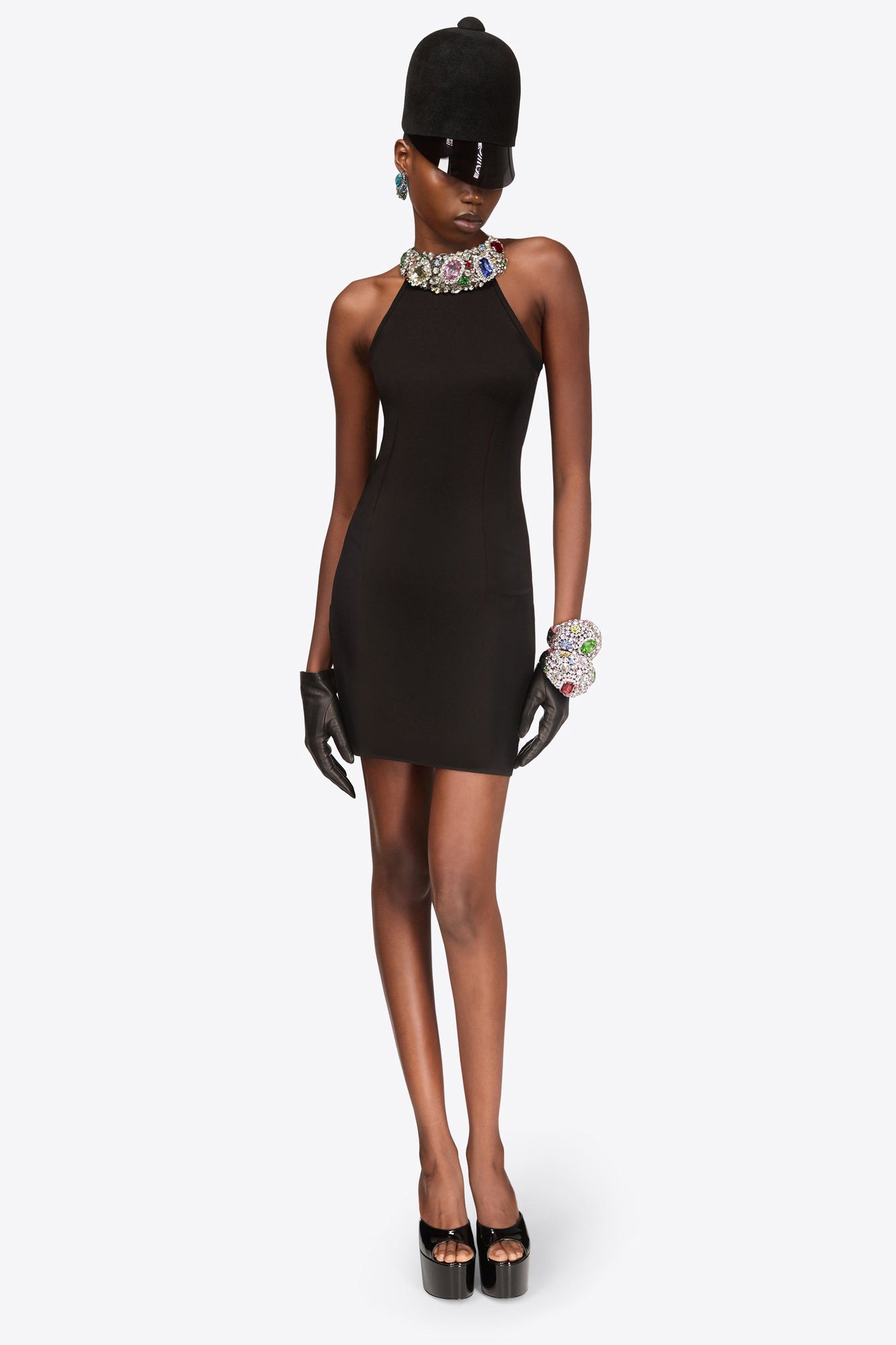 Crystal Gemstone Cluster Halter Mini Dress | Black